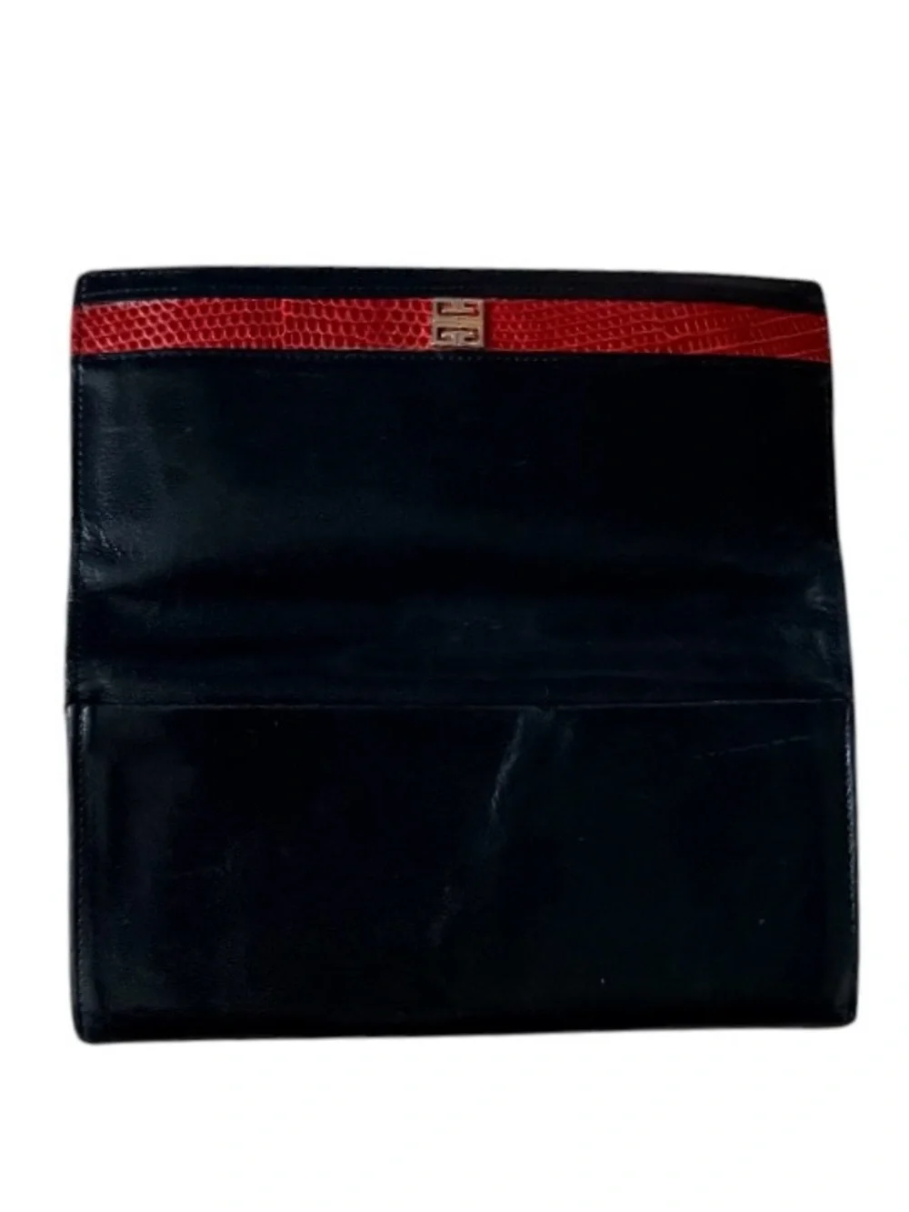 Vintage GIVENCHY PARIS Black Leather Long Wallet with Red Lizard Accent